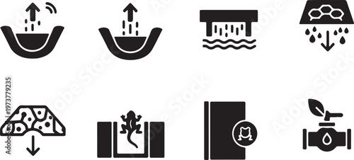 Black and white water symbols with droplets and faucets