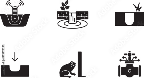 Black and white of water irrigation systems and a frog