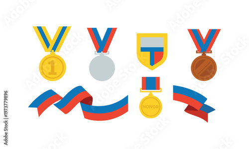 Decorative medals and ribbons featuring various colors and designs for awards or ceremonies