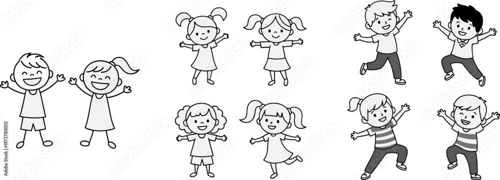 Obraz premium Happy Kids Cartoon Character Set with Jumping Dancing Children Cute Playful Boys and Girls Outline Illustration Collection for Fun Activity Designs