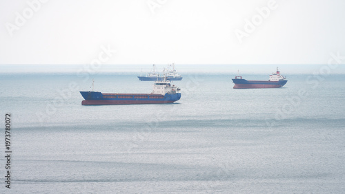Oil tankers at anchor in a sea bay.