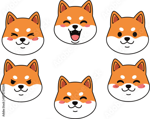 Cute shiba inu dog face expressions collection kawaii cartoon puppy emoji style pet character vector illustration icon set