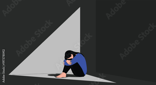 depressed woman sitting alone in dark room, sadness loneliness mental health concept, emotional stress anxiety illustration isolated design