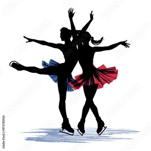 Graceful ice skaters performing a beautiful synchronized dance, showcasing elegance and athleticism. The dynamic poses highlight their skill and the beauty of figure skating