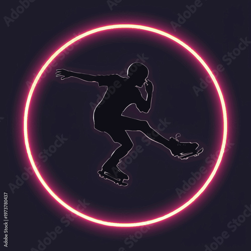 A skater making a graceful move in a neon circle 
