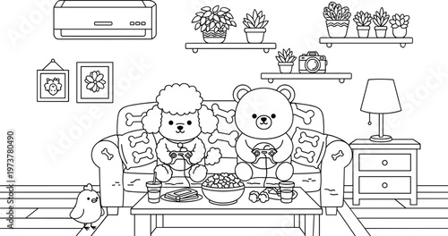 Cute teddy bear and poodle dog watching TV on sofa living room coloring page cozy home cartoon vector illustration scene