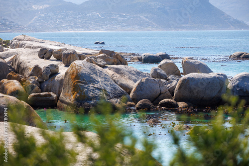 Granite boulders and turquoise ocean at Boulders Beach near Cape Town, South Africa