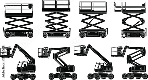 Aerial work platform silhouette set, scissor lift vector, boom lift illustration, construction equipment design, industrial machinery graphic composition