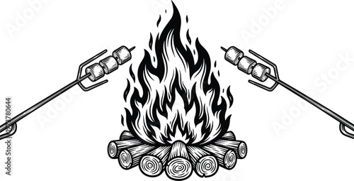 Campfire marshmallow illustration, camping fire artwork, outdoor leisure design collection, black white figure set, stylized roasting profiles