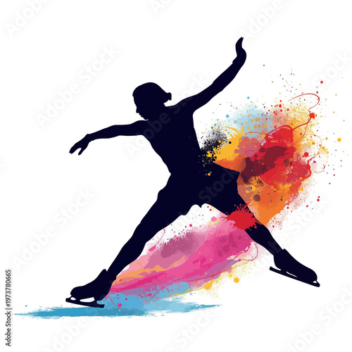 An artistic silhouette of a figure skater executing a dynamic pose, with colorful paint splashes enhancing the sense of movement and energy