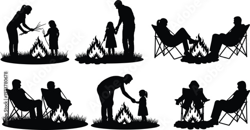 Campfire silhouette collection, family outdoor vector artwork, camping lifestyle illustration, companionship fire design composition, leisure activity graphic