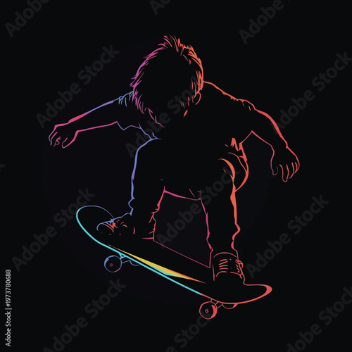 A silhouetted skateboarder performing an aerial trick against a black background. The skater is mid-air, showcasing skill and energy