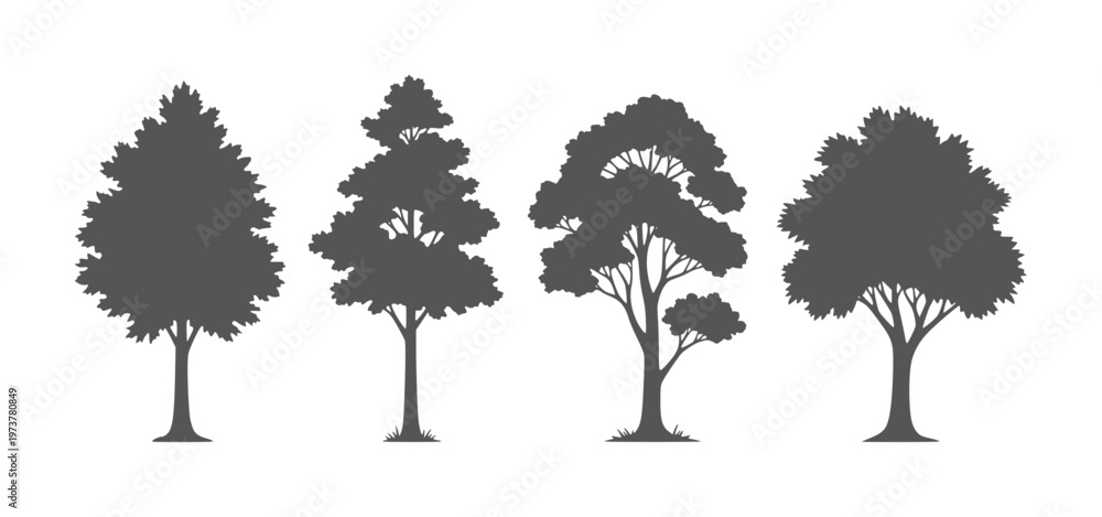 Fototapeta premium Four dark grey tree silhouettes with varied foliage and trunks