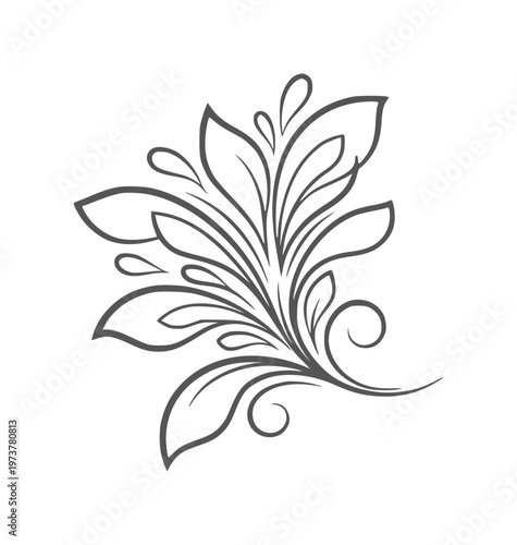 Dark grey swirling floral flourish with leaves and droplets white leaf