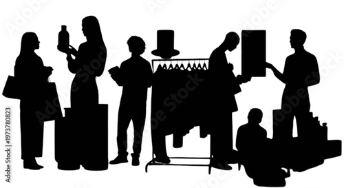 Black silhouettes of diverse shoppers browsing clothes racks and carrying shopping bags in a store isolated on transparent background, Vector