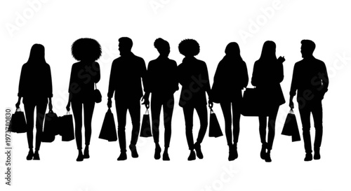 Silhouette of a diverse group of people walking together while carrying various shopping bags isolated on transparent background, Vector