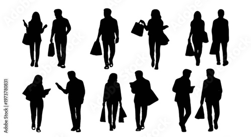 Silhouettes of diverse people walking and carrying shopping bags during a busy day isolated on transparent background, Vector
