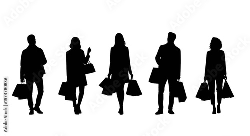 Silhouette of diverse people carrying shopping bags after a successful day of retail therapy isolated on transparent background, Vector