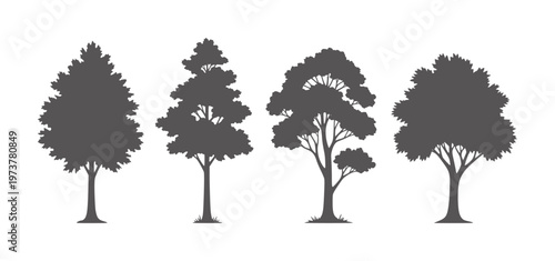 Four dark grey tree silhouettes with varied foliage and trunks