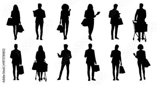 Collection of black silhouettes of diverse people walking and shopping with bags and carts isolated on transparent background, Vector