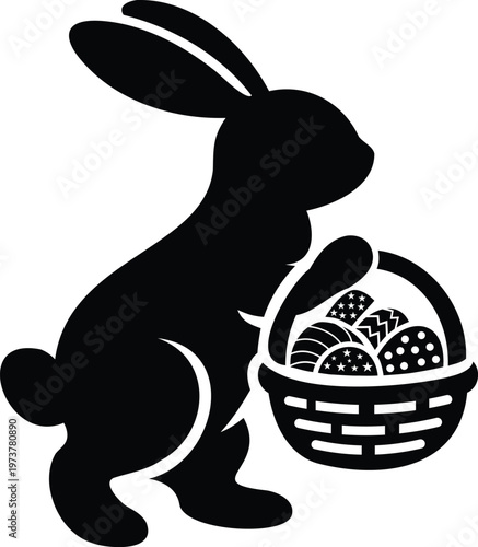 Easter bunny with basket and eggs silhouette vector