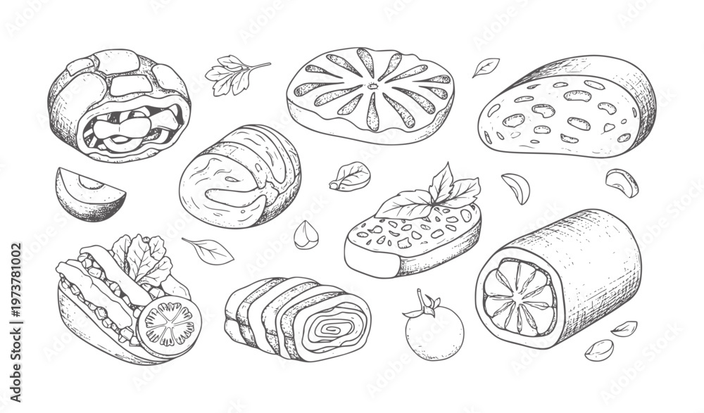 Obraz premium Hand drawn of various food and ingredients bread tomato basil