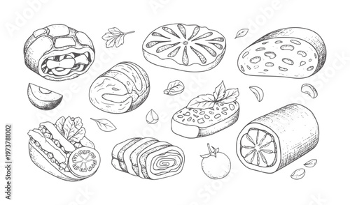 Hand drawn of various food and ingredients bread tomato basil
