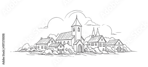 Of a village with a church and houses surrounded by trees clouds