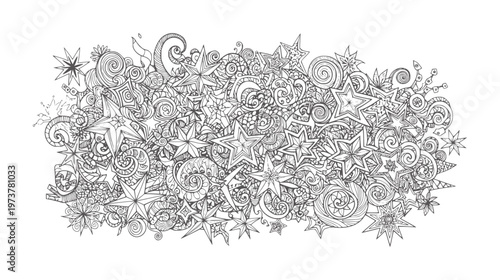 Intricate black and white doodle pattern of stars and swirls