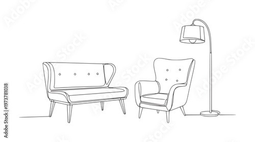 Line of a sofa and armchair with a floor lamp