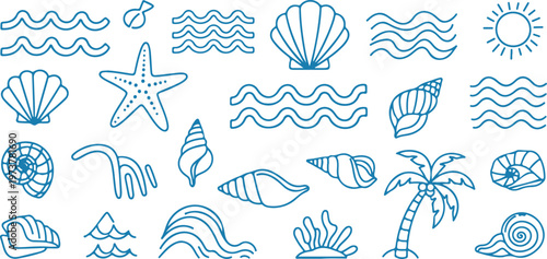 Beach icons, ocean symbols, sea elements, vector set isolated on Transparent Background