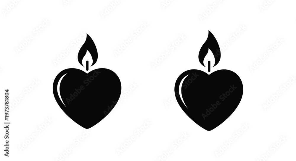 Fototapeta premium Two heart shaped candles with flames on transparent background silhouette