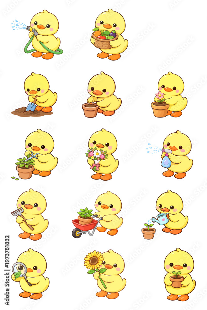 Fototapeta premium Kawaii Duck Gardener Clipart Set, Cute Baby Duck Characters Watering Plants, Planting Flowers and Gardening Activities, Cartoon Animal Illustration Collection for Kids, Nursery Design,
