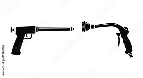 Black spray gun illustration with detailed nozzle on transparent background silhouette