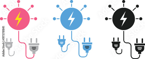 Electric plug connection icon set power cable energy network electricity supply symbol flat colorful technology vector illustration collection