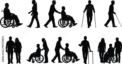 disability support silhouettes set, wheelchair users assisted by caregivers, inclusive people lifestyle concept with crutches walking, vector illustration isolated design