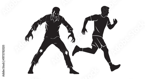 A zombie and a man running in a dark and spooky atmosphere with a sense of horror and fear