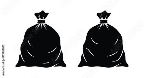 Two black sacks with drawstring closures on transparent background silhouette