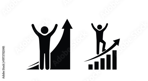 People celebrating success with upward arrows on transparent background silhouette