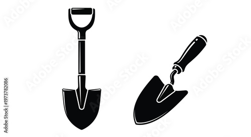 Black gardening tools a shovel and trowel on transparent background silhouette