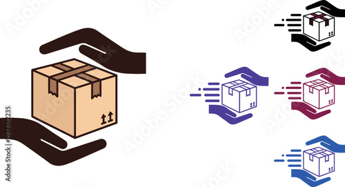 Fast Delivery and Package Protection Icon Set with Hands Holding Cardboard Box Shipping Symbols for Logistics Express Service Illustration Collection