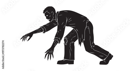 A black silhouette of a zombie-like figure in a crouched position with outstretched arms