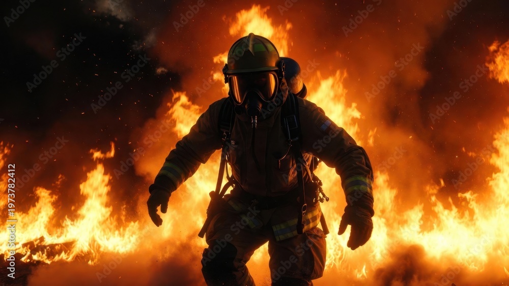 Obraz premium Firefighter charges through roaring flames