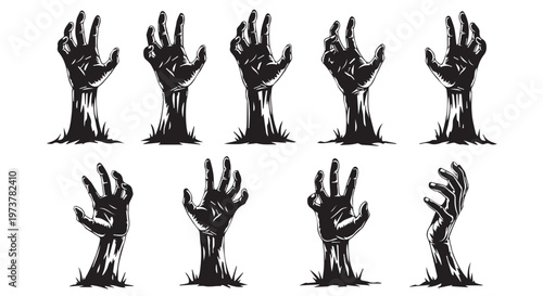 A group of zombie hands reaching out of the ground in a creepy illustration