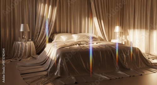 A blurry image of a bed with a black comforter and brown curtains
