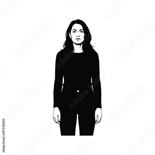 A stylish woman wearing a black leather jacket with a confident pose and dark pants