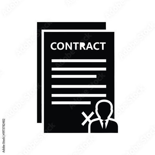 A black and white contract document with a signature symbol highlighting agreement terms and legal binding