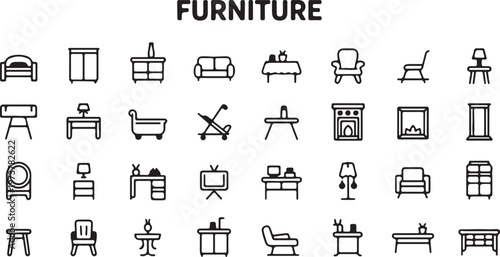 Modern Furniture Collection Outline Icons for Interior Decor