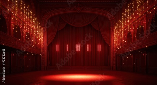 A dark room with red lights and chandeliers