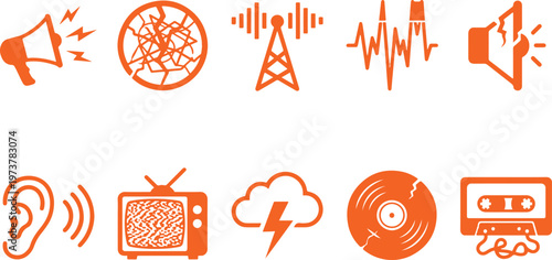A collection of orange icons related to communication and media